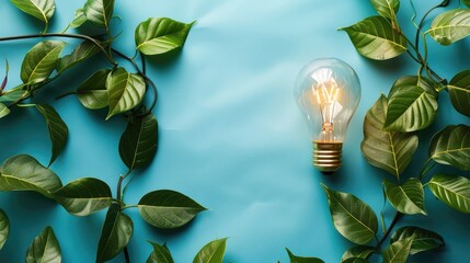 Wall Mural - Light bulb next to leaves on a blue background symbolizing energy efficiency and innovation