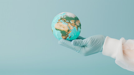 Hand with protective glove, touching globe