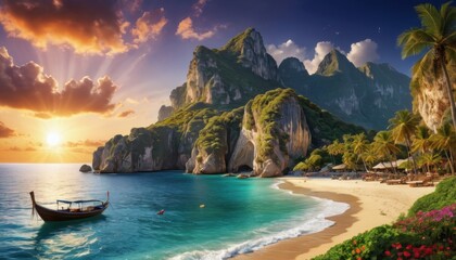 Poster - Sunset over Tropical Beach with Cliffs and Longtail Boat.