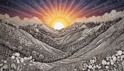 Wall Mural - Sunset Over Mountains And Valley.
