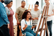 © peopleimages.com - Woman, painting and art with friends in class for support, review of creative process or training workshop. Group, people or female painter with happiness for learning project, students with talent