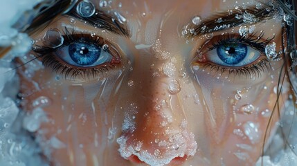 Wall Mural - A beautiful woman with blue eyes, her face is covered in ice and water.