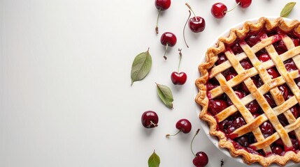 Sticker - Top view of cherry pie with white background and empty space