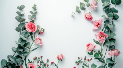 Poster - Pink flowers and eucalyptus leaves arrangement on white surface viewed from above with space for text