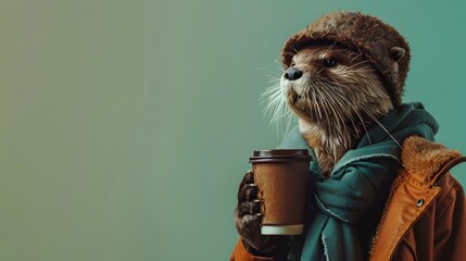 Wall Mural - surreal portrait of a stylish otter enjoying a coffee break in daylight setting