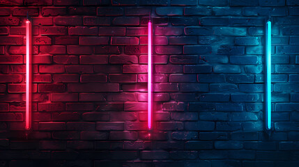 Wall Mural - Glowing neon lights on dark brick wall background