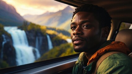 African-American man gazing at waterfall from car window