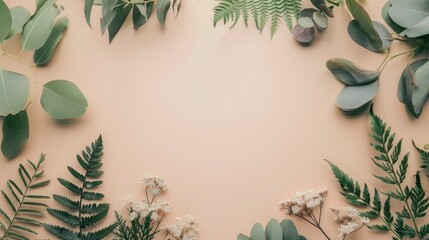 Sticker - Natural beauty concept Overhead view of round frame with eucalyptus ferns branches and stands on beige background