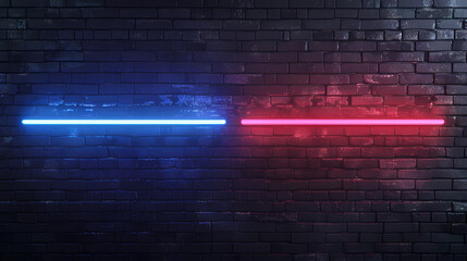 Wall Mural - Glowing neon lights on dark brick wall background