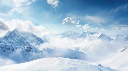 Canvas Print - Snowy mountain peaks with clouds in blue sky from ski slope Overcast sky with room for text