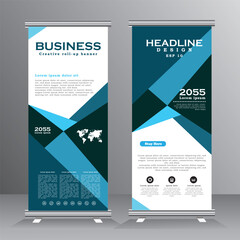 blue business roll up banner template, roll up background for presentation and forum. vertical roll 