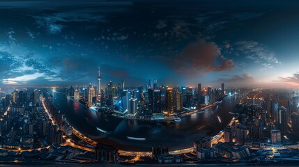 Wall Mural - Aerial view of the city night time 8K VR 360 Spherical Panorama