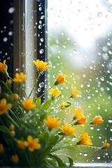 Wall Mural - spring background with rain drops on the window. natural texture concept
