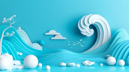 Abstract blue and white minimalist landscape with waves, trees, and clouds. Modern 3D paper cut style art.