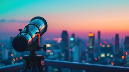 A vintage telescope overlooking a city skyline at dusk representing future financial outlooks 