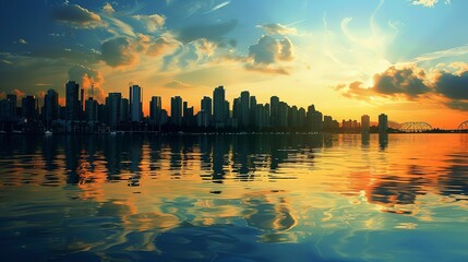 a city skyline with a body of water in the foreground