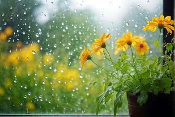 Wall Mural - spring background with rain drops on the window. natural texture concept