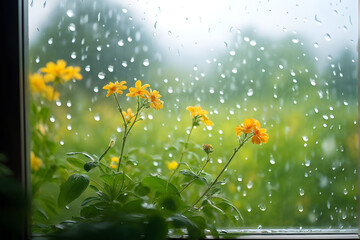 spring background with rain drops on the window. natural texture concept