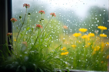 Wall Mural - spring background with rain drops on the window. natural texture concept