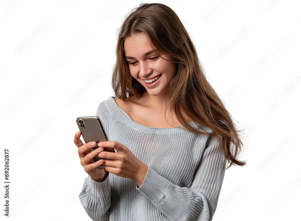 A portrait of a young Caucasian woman looking at her mobile phone and ...