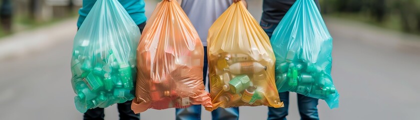 Community cleanup event with people holding bags of recyclables, teamwork, recycling, waste reduction, focus cover all  object, deep depth of field, no blur,