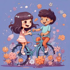 Wall Mural - a boy and a girl riding a bicycle together