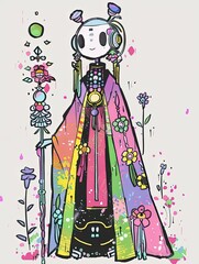 Sticker - a drawing of a woman in a colorful dress