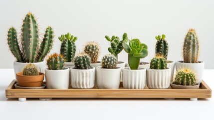 Sticker - Cactus in plastic pot arranged on wooden tray against white background for indoor decor