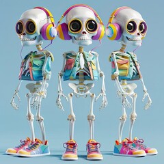 Poster - three skeletons wearing colorful headphones and sneakers