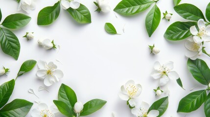 Sticker - White flowers and green leaves on white background Empty postcard for text