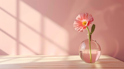 Modern home interior in pastel pink color with sweet buttercup flower in modern transparent vase on soft light white wood table