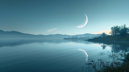 Wall Mural - Serene Night by the Lake with a Crescent Moon