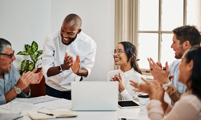 Fototapete - Meeting, laptop or clapping for success, celebration or achievement in project management company. Smile, diversity and business people with technology for teamwork goals, progress or office applause