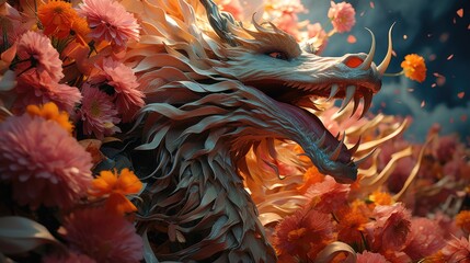 Canvas Print - a dragon with a dragon head and flowers in the water.