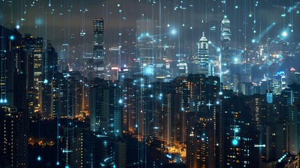 Modern city with wireless network connection and city scape concept.Wireless network and Connection technology concept with city background at night. 