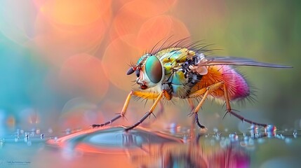 A fly is sitting on water with colorful background.