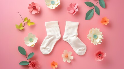 Wall Mural - Pair of small white baby socks with and paper decorative flowers on pink background