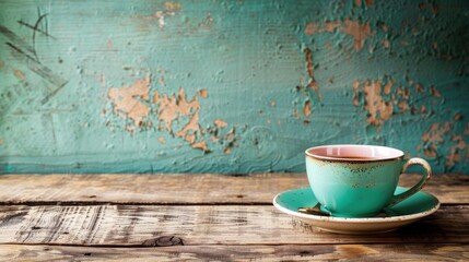 Wall Mural - Vintage style coffee cup on a wooden cafe table with copy space