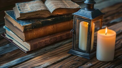 Poster - Vintage books and lantern with candle on wooden table