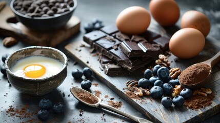 Canvas Print - Baking ingredients for cake meringue dessert with eggs blueberries nuts and dark chocolate