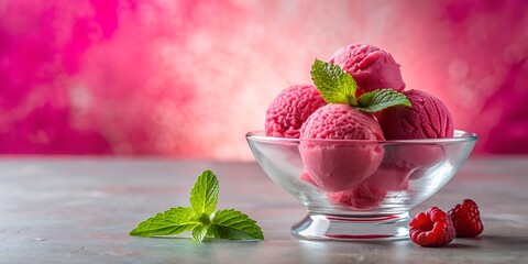 raspberry ice cream or sorbet served in a glass dish on glass table with pink background Generative AI