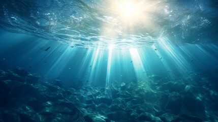 Deep ocean from beneath surface, sunlight breaking through