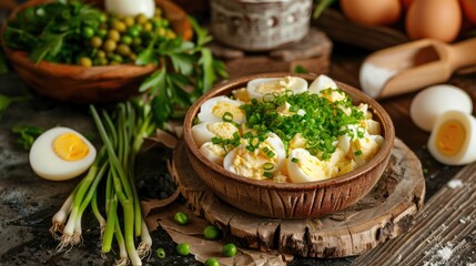 Poster - Russian style boiled eggs with mayonnaise peas and green onions in a rustic setting