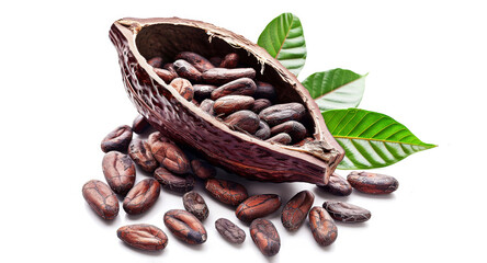 Wall Mural - Cocoa beans in pod and leaves  on a white background. Tropical fruit. Banner