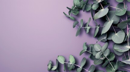 Wall Mural - Banner featuring eucalyptus on purple background with text space