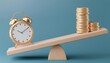 © chayantorn - A golden alarm clock balanced against a stack of coins representing the concept of time and money management.