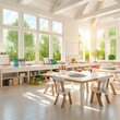 © Pattana - a realistic classroom setting, fully prepared for the new school year with desks neatly arranged with school supplies, creating a welcoming and bright educational environment