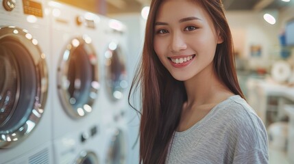 Happy Asian woman with washing machines, housewife doing daily chores with a smile.