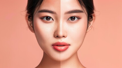 asian woman face makeup transformation. before and after skincare with face whitening cream highligh