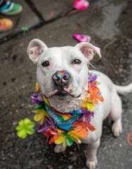 Wall Mural - photo of white mixed breed dog wearing rainbow bandana and leis, standing on street corner in the rain after parade, looking up at camera, cute